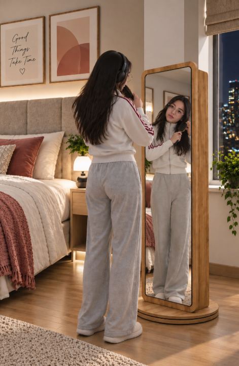 Espejo Organizador JOMO 360° completo junto a una modelo frente al espejo